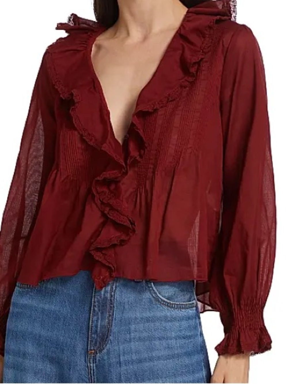 Doen Hardy Pintuck Ruffled V Neck Blouse -Wine Red SMALL